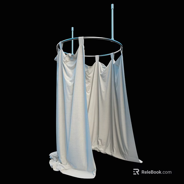 White Fabric Curtain Hanging On Circular Metal Frame Against Black Background 3d model 