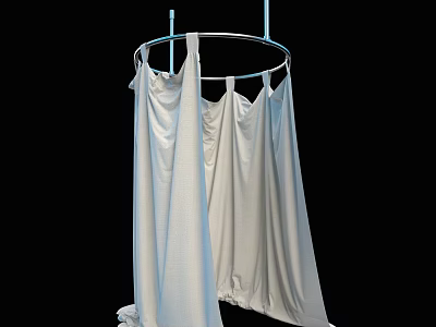 White Fabric Curtain Hanging On Circular Metal Frame Against Black Background 3d model