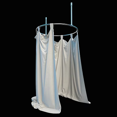White Fabric Curtain Hanging On Circular Metal Frame Against Black Background 3d model