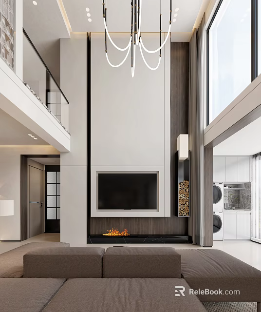 Modern Loft Living Room With Fireplace And TV 3d model 