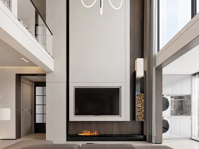 Modern Loft Living Room With Fireplace And TV 3d model