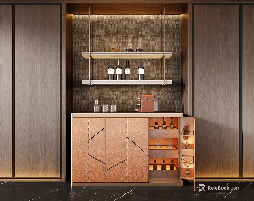 Modern Wooden Wine Cabinet With Shelves Holding Wine Bottles And Glasses 3d model 