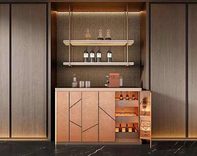 Modern Wooden Wine Cabinet With Shelves Holding Wine Bottles And Glasses 3d model