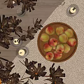 Fresh Peaches in Ceramic Bowl on Rustic Wooden Table with Candles and Wine Glass