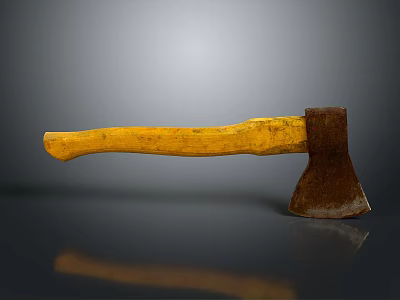 Rusty Axe With Yellow Wooden Handle And Metal Head On Dark Reflective Surface 3d model