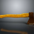 Rusty Axe With Yellow Wooden Handle And Metal Head On Dark Reflective Surface