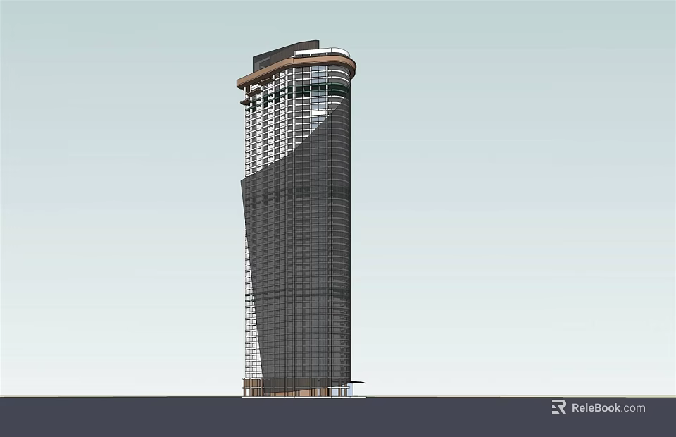 Modern High Rise Office Building With Curved Glass Curtain Wall And Top Circular Structure 3d model 