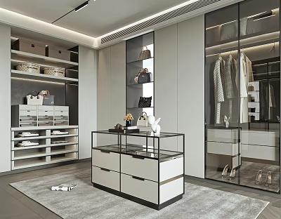 Modern Walk in Closet With Storage Cabinets Display Case And Shoes 3d model