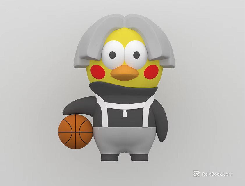 Yellow Plush Doll With Gray Hair Red Cheek Dots Gray Top White Overalls Holding Basketball 3d model 