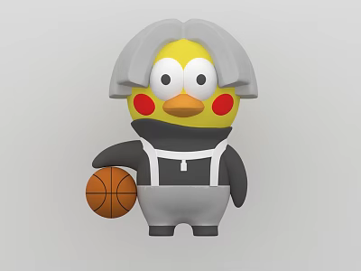 Yellow Plush Doll With Gray Hair Red Cheek Dots Gray Top White Overalls Holding Basketball 3d model