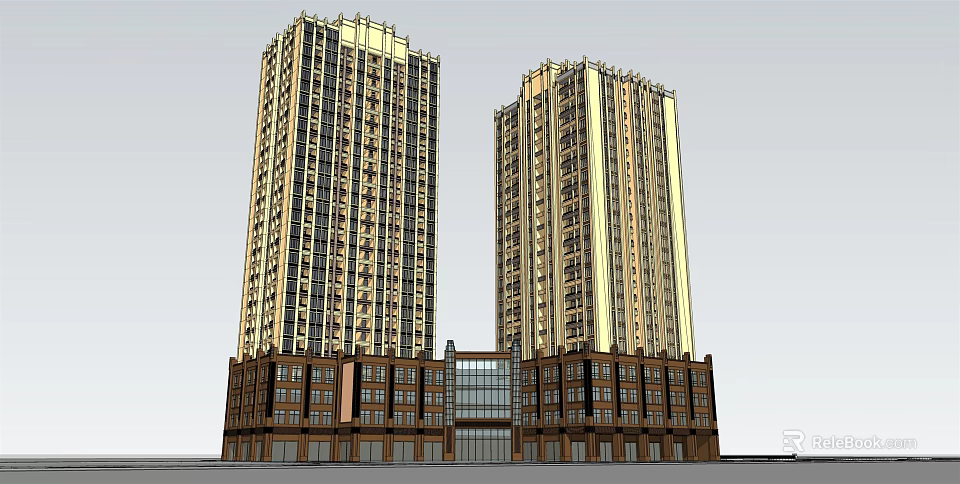 Modern Twin High Rise Buildings With Brown Base And Glass Facade 3d model 