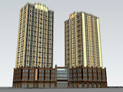 Modern Twin High Rise Buildings With Brown Base And Glass Facade 3d model