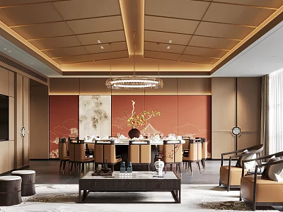 Elegant Chinese Style Dining Room Interior With Red Walls Traditional Painting And Round Table 3d model
