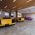 4S Car Dealership Showcasing Luxury Purple Yellow Red Sports Cars in Spacious Showroom