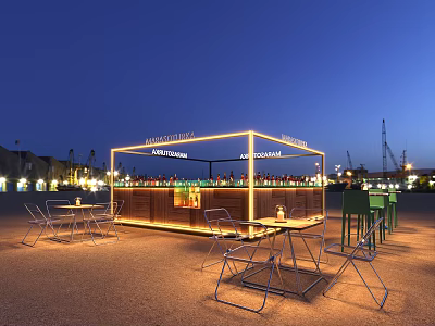 Outdoor Bar Evening Ambiance With Illuminated Counter Tables Chairs And Lighting Design 3d model