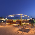 Outdoor Bar Evening Ambiance With Illuminated Counter Tables Chairs And Lighting Design
