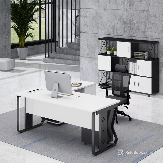 Modern Office Desk with Computer Monitor Ergonomic Chair Black and White Bookshelf and Green Plants 3d model 