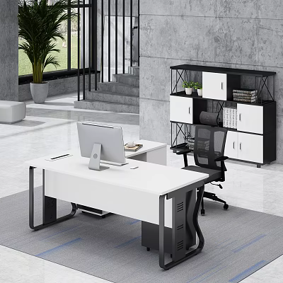 Modern Office Desk with Computer Monitor Ergonomic Chair Black and White Bookshelf and Green Plants 3d model