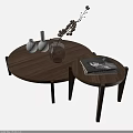 Modern Round Walnut Wood Coffee Table With White Vases Dried Branches And Books