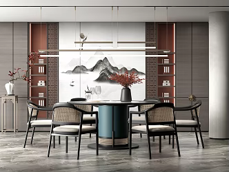 New Chinese Dining Table and Chair Combination Chandelier Plant Ornaments 3d model