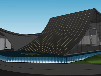 Modern Sales Office Building With Curved Black Roof And Glass Curtain Wall Water Feature 3d model