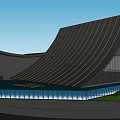 Modern Sales Office Building With Curved Black Roof And Glass Curtain Wall Water Feature