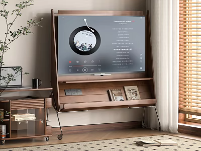 TV On Wooden Console Displaying Media Playlist With Framed Photos In Living Room 3d model