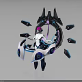 Sci-Fi Character With Pink Hair And Mechanical Ring Structure Featuring Floating Purple Blue Lights