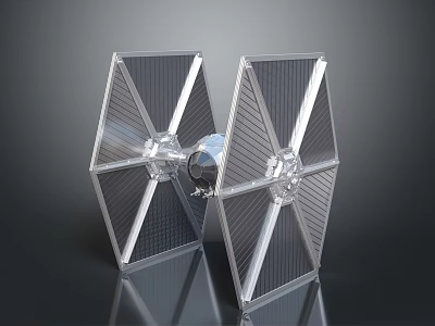 Transparent TIE Fighter Model with Symmetrical Wings and Spherical Cockpit on Dark Reflective Background 3d model