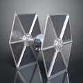 Transparent TIE Fighter Model with Symmetrical Wings and Spherical Cockpit on Dark Reflective Background
