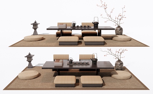 Japanese-style Tatami Tea Table and Chair Tea Table Vase Ornaments 3d model