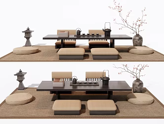Japanese-style Tatami Tea Table and Chair Tea Table Vase Ornaments 3d model