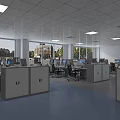Public Office Space With White Ceiling Recessed Lighting Computer Workstations Green Plants And Blue Flooring 3d model