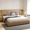 Modern Double Bed Bedroom Interior with Beige Headboard Gray Rug and Spherical Wall Lamps