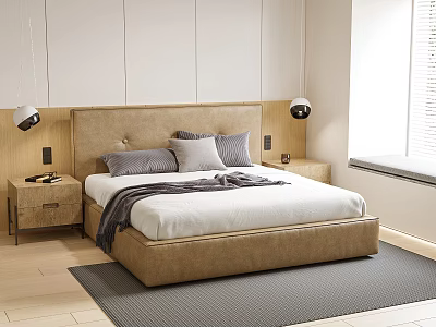 Modern Double Bed Bedroom Interior with Beige Headboard Gray Rug and Spherical Wall Lamps 3d model
