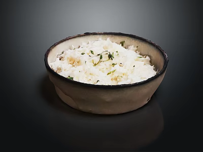 Cooked White Rice Topped With Fresh Herbs In Ceramic Bowl On Dark Background 3d model