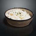 Cooked White Rice Topped With Fresh Herbs In Ceramic Bowl On Dark Background