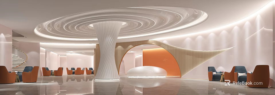 Modern Beauty Salon Interior With White Spiral Column Curved Orange Wall And Curved Sofa 3d model 