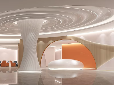 Modern Beauty Salon Interior With White Spiral Column Curved Orange Wall And Curved Sofa 3d model