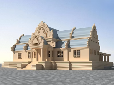 Traditional Architectural Structure With Ornate Roof Blue Tiles And Beige Stone Walls 3d model