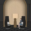 Elegant Leisure Chairs With Sitting Woman Floor Lamp Gold Textured Wall And Geometric Carpet