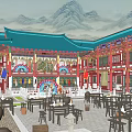 Ancient Chinese Architecture Courtyard Design With Blue Roof Red Pillars And Wooden Tables