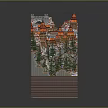 Cartoon Scene Featuring 3D Structure With Orange Roofed Towers Pine Trees And Waterfalls