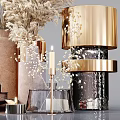 Modern Decorative Ornament Set With Dried Pampas Grass Ceramic Vases Round Clock And Golden Accents