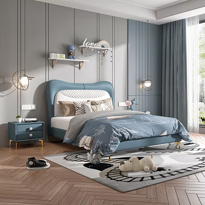 Modern Kids Bedroom With Blue Bed Wall Shelves And Toys 3d model