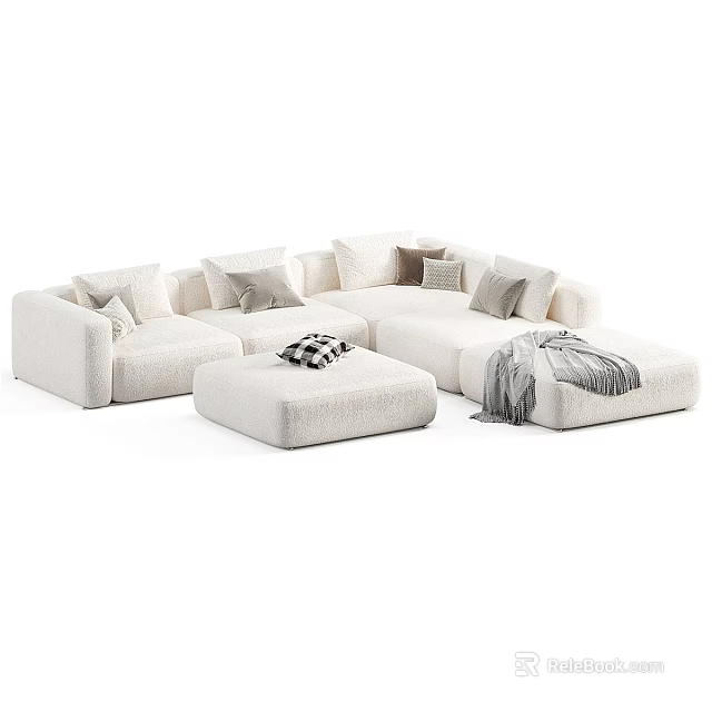 White Sectional Sofa With Plush Cushions Ottoman And Cozy Gray Blanket 3d model