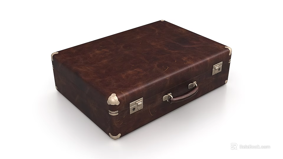 Vintage Brown Leather Suitcase With Metal Corner Accents Brass Lock And Leather Handle Design 3d model 