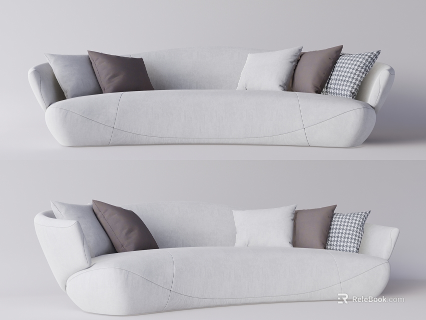 Modern White Large Sofa Interior With Gray Dark Gray And Plaid Pillows 3d model 
