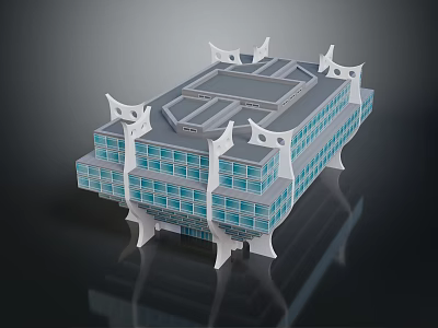 Cartoon Scenery Modern Building Model With Blue Glass Windows And White Structure 3d model