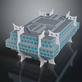 Cartoon Scenery Modern Building Model With Blue Glass Windows And White Structure